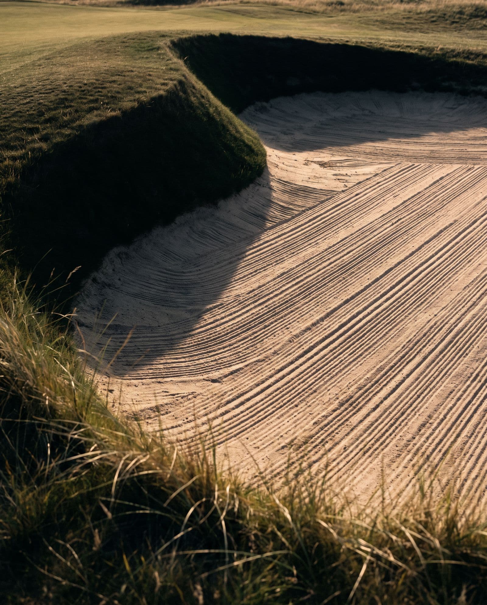A freshly raked bunker, its parallel lines catching low light under a grass lip.