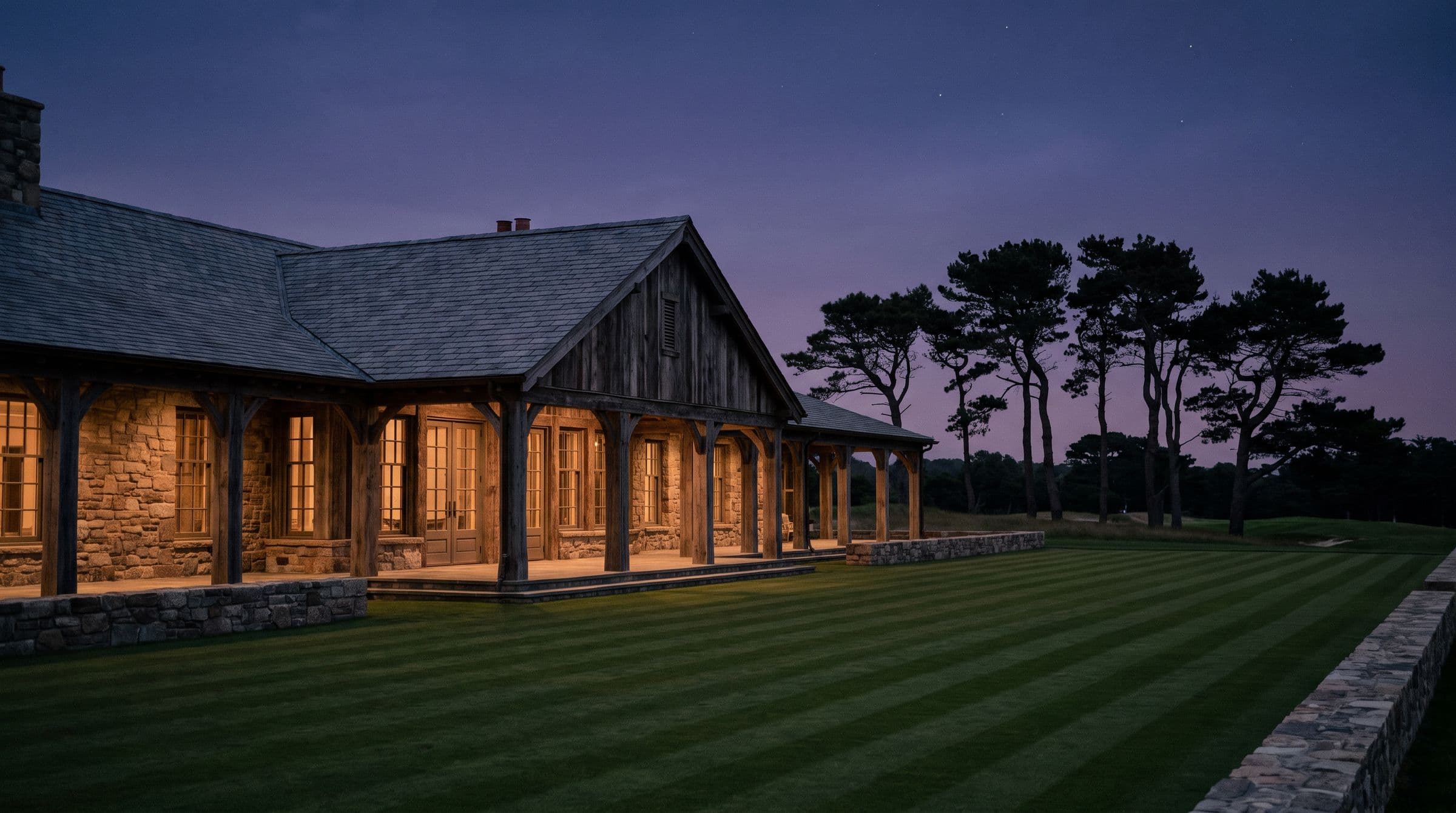 A low stone and timber clubhouse at dusk, windows glowing amber over a striped lawn.