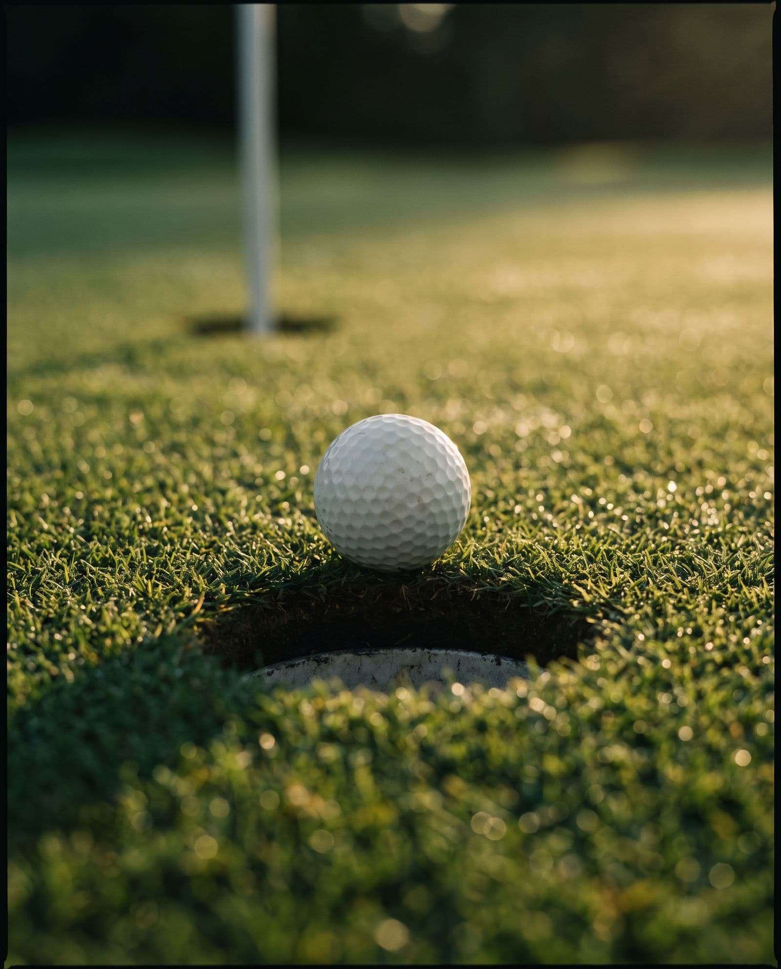 A ball resting at the edge of the cup on a dew-covered putting green.