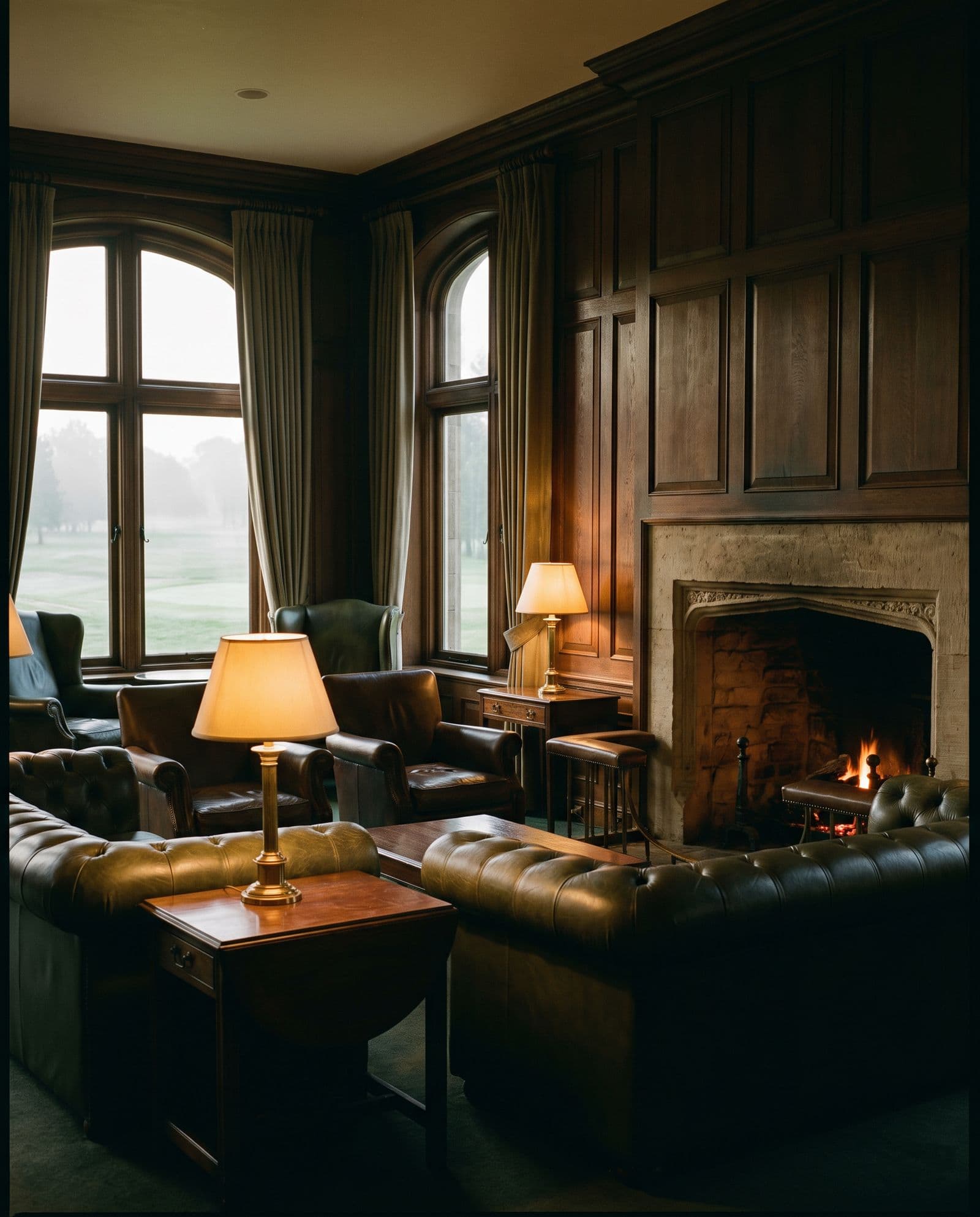 A panelled members' lounge with leather armchairs and a lit fireplace beside tall windows.