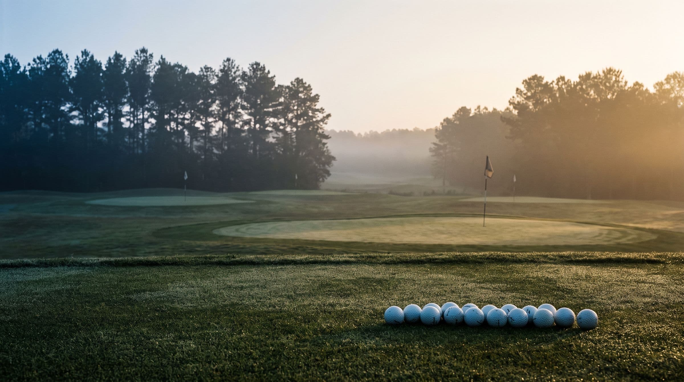 Practice balls lined on short grass at dawn, distance flags fading into mist.