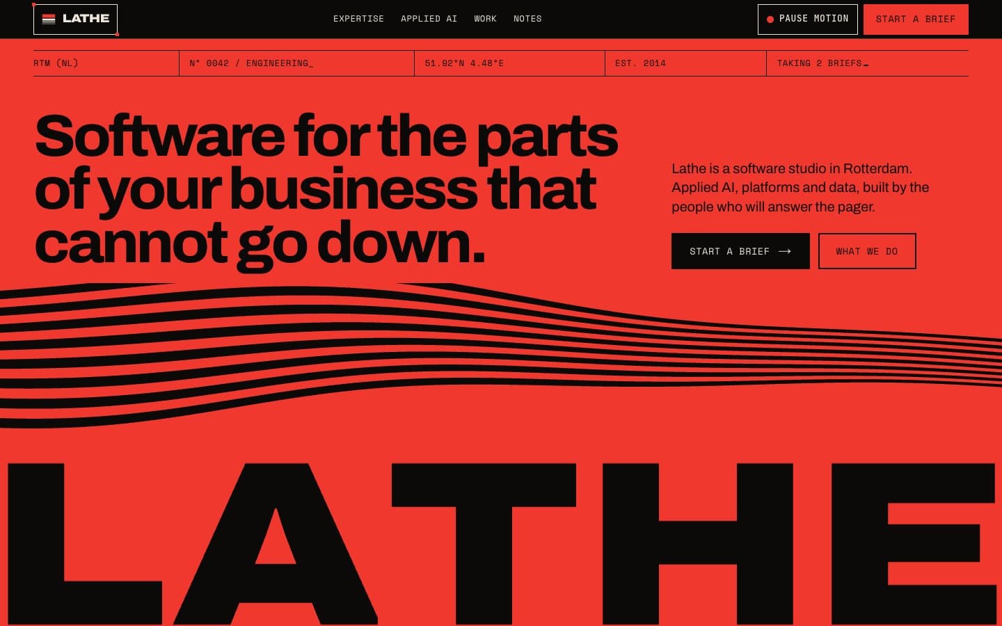 Lathe home page: a signal-red field with a mono grid-label row, a black headline, a band of black twisting stripes and a giant LATHE wordmark anchored to the bottom edge.