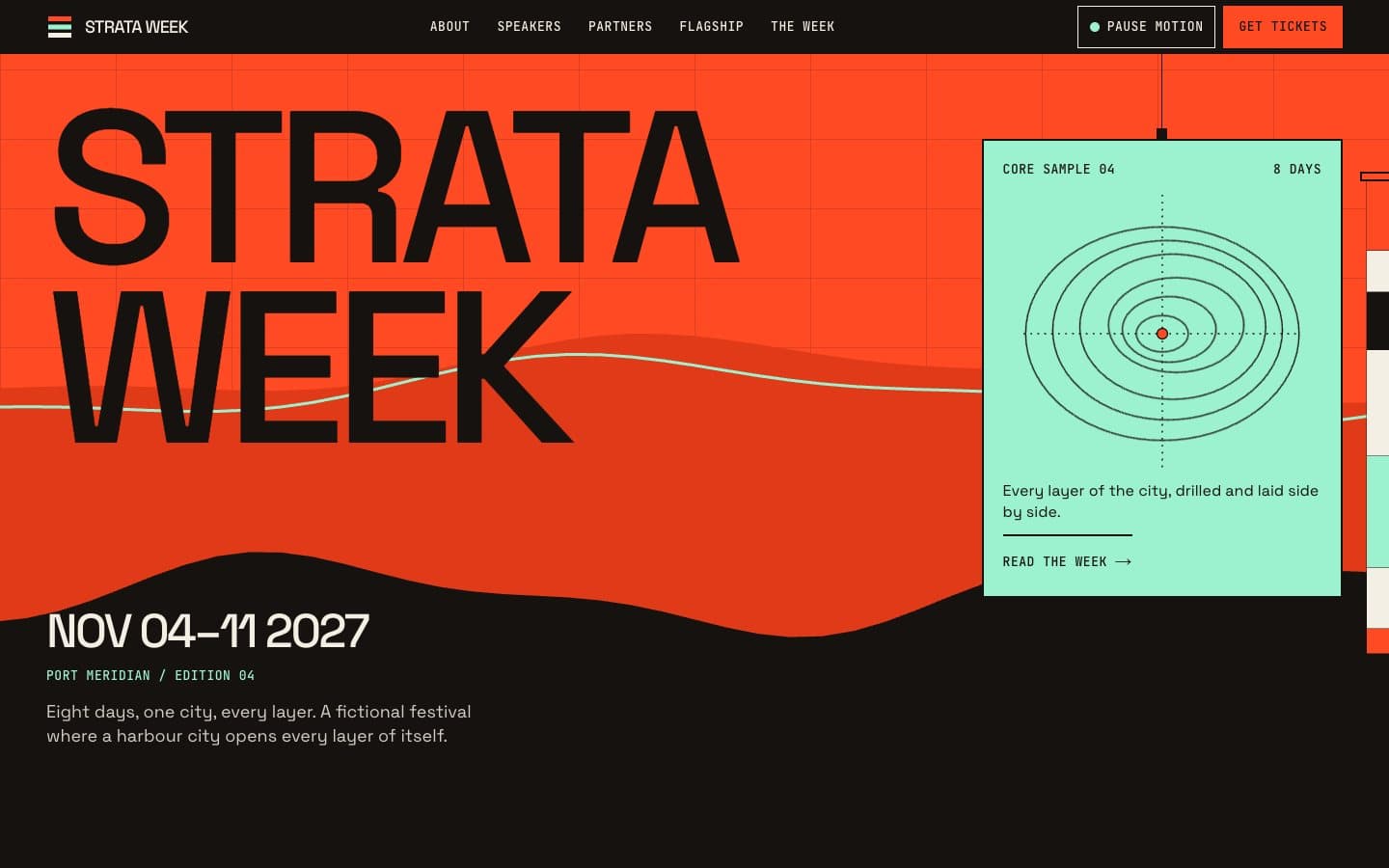 Strata Week home page: a flare-red hero with a huge two-line title, layered wave planes and a mint panel with a contour diagram.